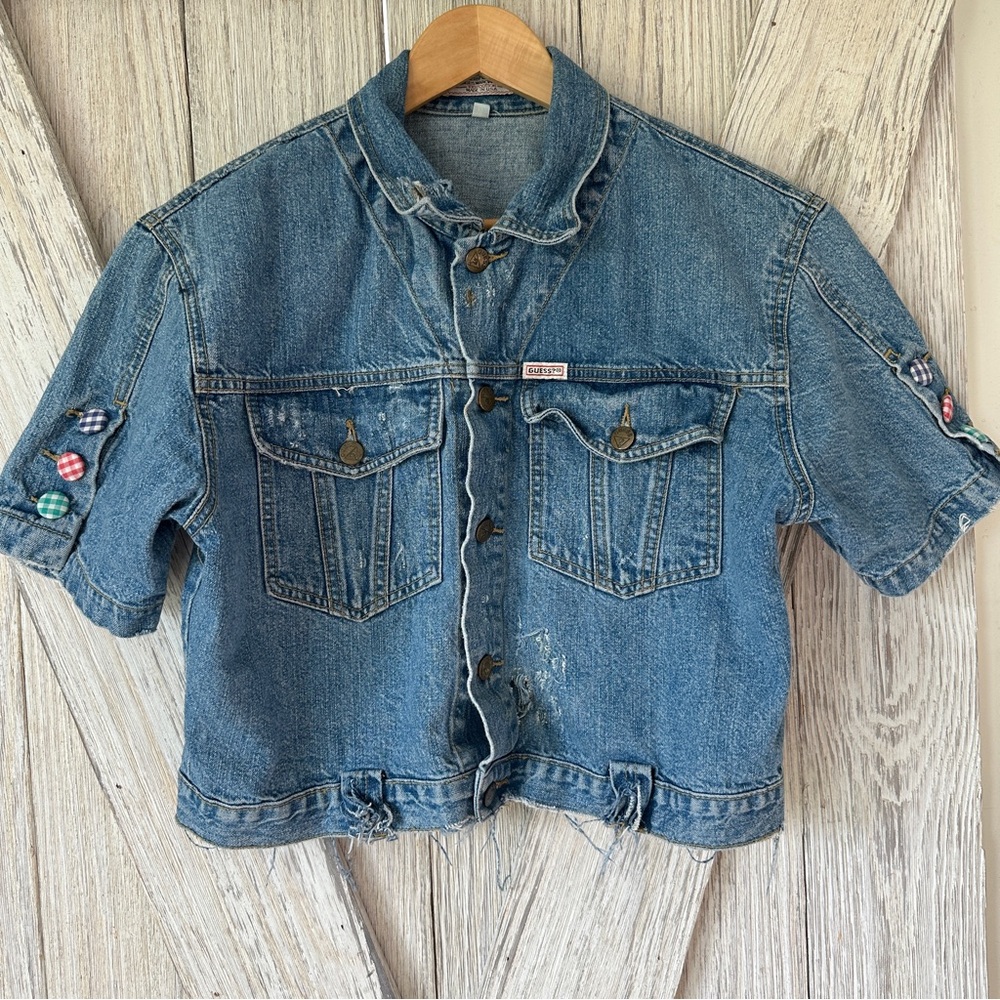 Guess Jeans VINTAGE 90s Denim Jean Distressed Short Sleeve Top w/Gingham Button